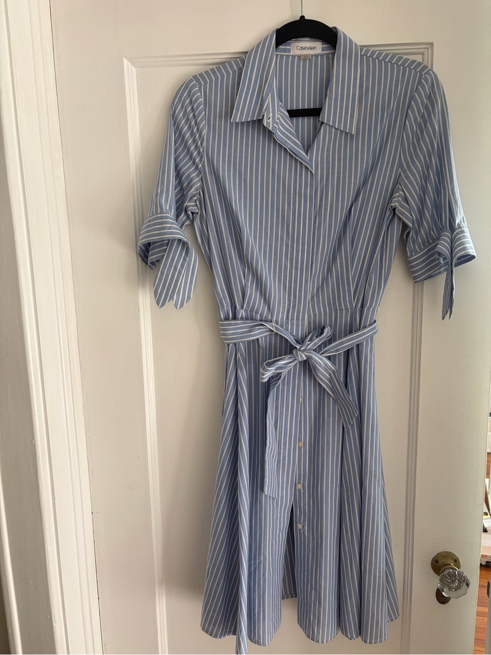 Calvin Klein Blue & White Striped Belted Midi Shirt Dress Size 4